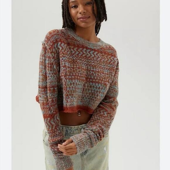 Urban Outfitters BDG Nico Distressed Cropped Sweater Rust Red Blue Size Large - Picture 1 of 8